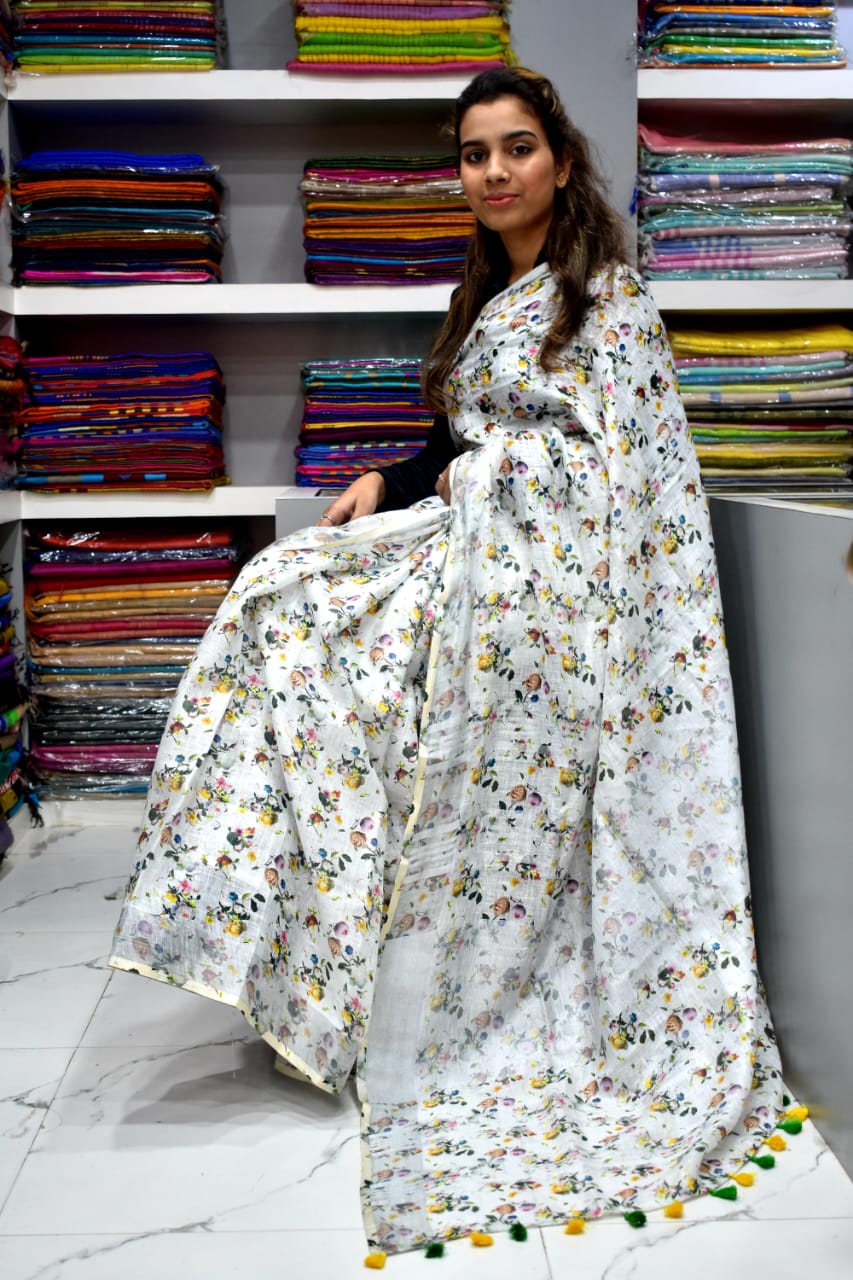 Multi Colored Beautiful Digital Printed Pure Linen Saree - Neisha | Soft  silk sarees, Saree, Pure linen